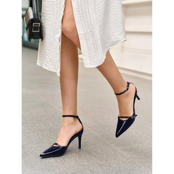 Coutgo Women's Navy Closed Pointed Toe Ankle Buckle Strap Pumps High Heels - Picture 3 of 5